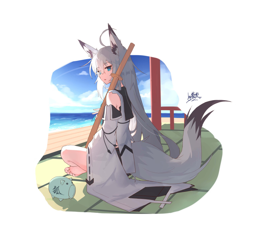 1girl absurdres ahoge animal_ears azur_lane bangs barefoot blue_eyes blue_sky cloud cloudy_sky commentary_request detached_sleeves fox_ears fox_girl fox_tail from_behind hair_between_eyes highres horizon indian_style katana kawakaze_(azur_lane) liwendala long_hair long_sleeves looking_at_viewer looking_back no_shoes ocean ribbon-trimmed_sleeves ribbon_trim school_uniform serafuku sidelocks signature sitting sky soles solo sword tail tatami weapon white_hair wide_sleeves wooden_floor