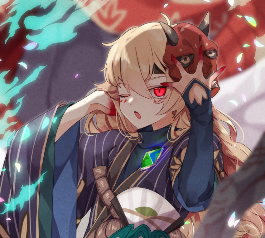 1boy ahoge androgynous antenna_hair arm_support bishounen closed_eyes dress facial_mark fingerless_gloves fire gloves hair_between_eyes hannya hannya_(onmyoji) highres holding japanese_clothes long_sleeves looking_at_viewer male_focus mask mask_on_head moto_mitsuashi one_eye_closed onmyoji open_mouth otoko_no_ko pale_skin parted_lips solo striped striped_dress upper_body vengeful_hannya_(onmyoji) wavy_hair wide_sleeves yawning