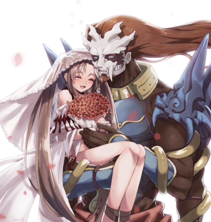 1boy 1girl :d alternate_eye_color artist_name blue_eyes blush bouquet bridal_veil brown_hair carrying closed_mouth commentary_request couple extra_arms fate/grand_order fate_(series) hetero highres holding holding_bouquet husband_and_wife long_hair muscular muscular_male seeds328 smile veil very_long_hair xiang_yu_(fate) yu_mei-ren_(fate) yu_mei-ren_(swimsuit_lancer)_(fate)