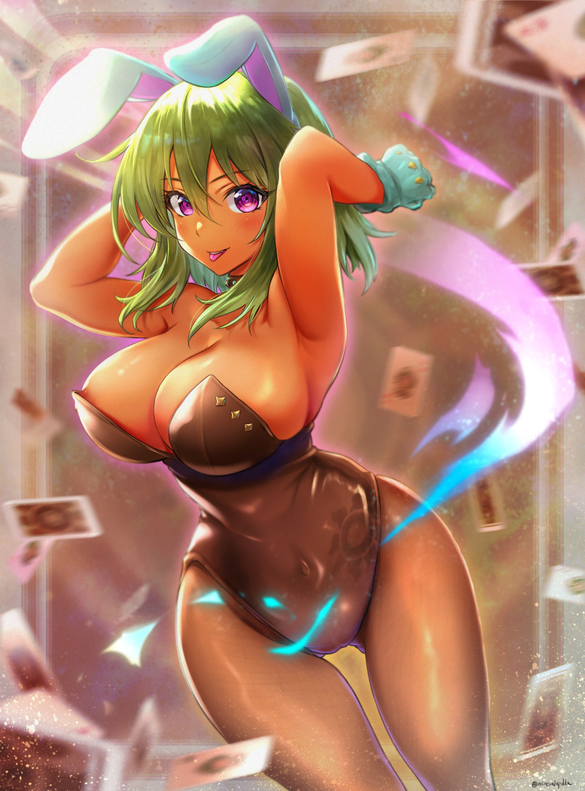 1girl :p absurdres animal_ears arms_up black_leotard black_pantyhose blurry blurry_background blurry_foreground blush breasts bunny_day cleavage covered_navel depth_of_field duralu500 fake_animal_ears falling_card fishnet_pantyhose fishnets gloves green_gloves green_hair highres idolmaster idolmaster_cinderella_girls large_breasts leotard looking_at_viewer natalia_(idolmaster) pantyhose playboy_bunny purple_eyes rabbit_ears smile solo tongue tongue_out