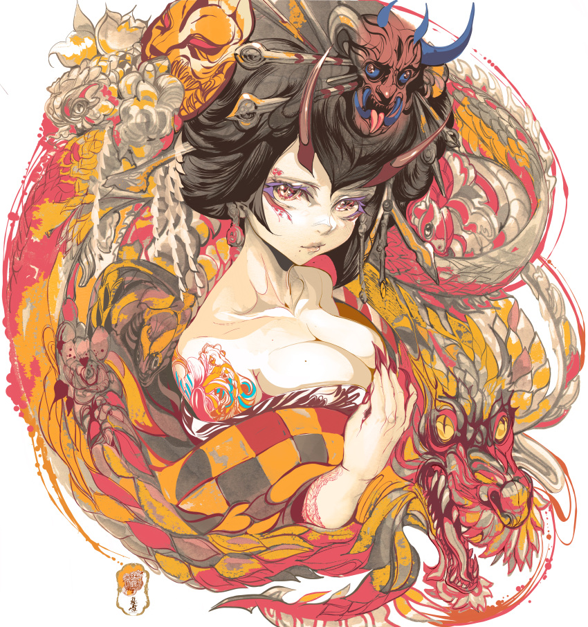 1girl absurdres artist_logo black_hair breasts character_request cleavage dragon eastern_dragon fingernails highres horns kimetsu_no_yaiba large_breasts lips mask mole mole_on_breast nail_polish oni_horns oni_mask parkjinsuky red_eyes red_nails sharp_fingernails solo tattoo white_background