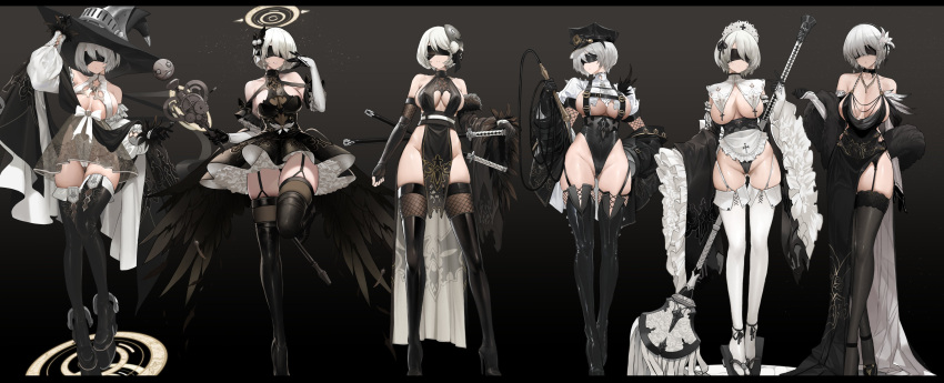 1girl absurdres adapted_costume apron bangs bare_shoulders black_blindfold black_dress black_footwear black_gloves black_thighhighs blindfold boots bow bowtie breasts character_name choker cleavage commentary covered_eyes detached_sleeves dishwasher1910 dress elbow_gloves english_commentary flower full_body fur-trimmed_sleeves fur_trim garter_belt garter_straps gloves hair_flower hair_ornament high_heels highres lace-trimmed_legwear lace_trim large_breasts long_dress low_wings machinery magical_girl multiple_views nier_(series) nier_automata paid_reward_available parted_lips pod_(nier_automata) revealing_clothes robot short_hair side_slit sideboob skindentation thigh_boots thighhighs thighs two-sided_dress two-sided_fabric white_hair wings yorha_no._2_type_b zettai_ryouiki