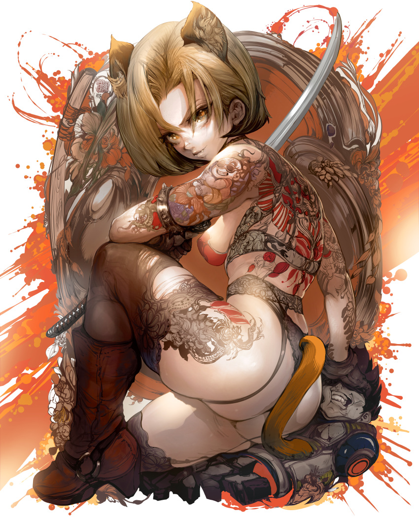 1girl absurdres android_18 animal_ear_fluff animal_ears ass blonde_hair boots dragon_ball dragon_ball_z fang flower garter_belt garter_straps highres holding holding_weapon katana looking_at_viewer parkjinsuky short_hair solo splatter_background sword tail tattoo weapon white_background