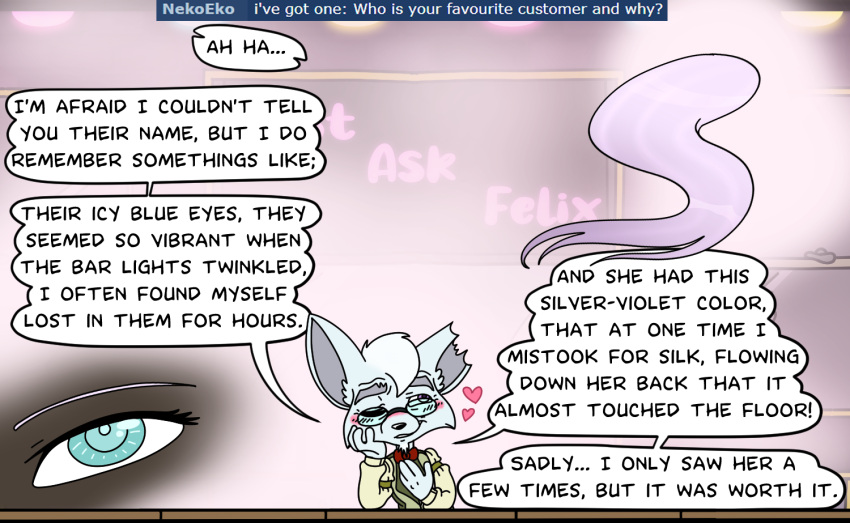 age_difference answering anthro ask_blog blue_eyes blush canid canine comic felix_a_fox fennec fox humanoid love male mammal notched_ear old older_anthro older_male reminiscing slouching speech_bubble storytelling wintersgardencomic