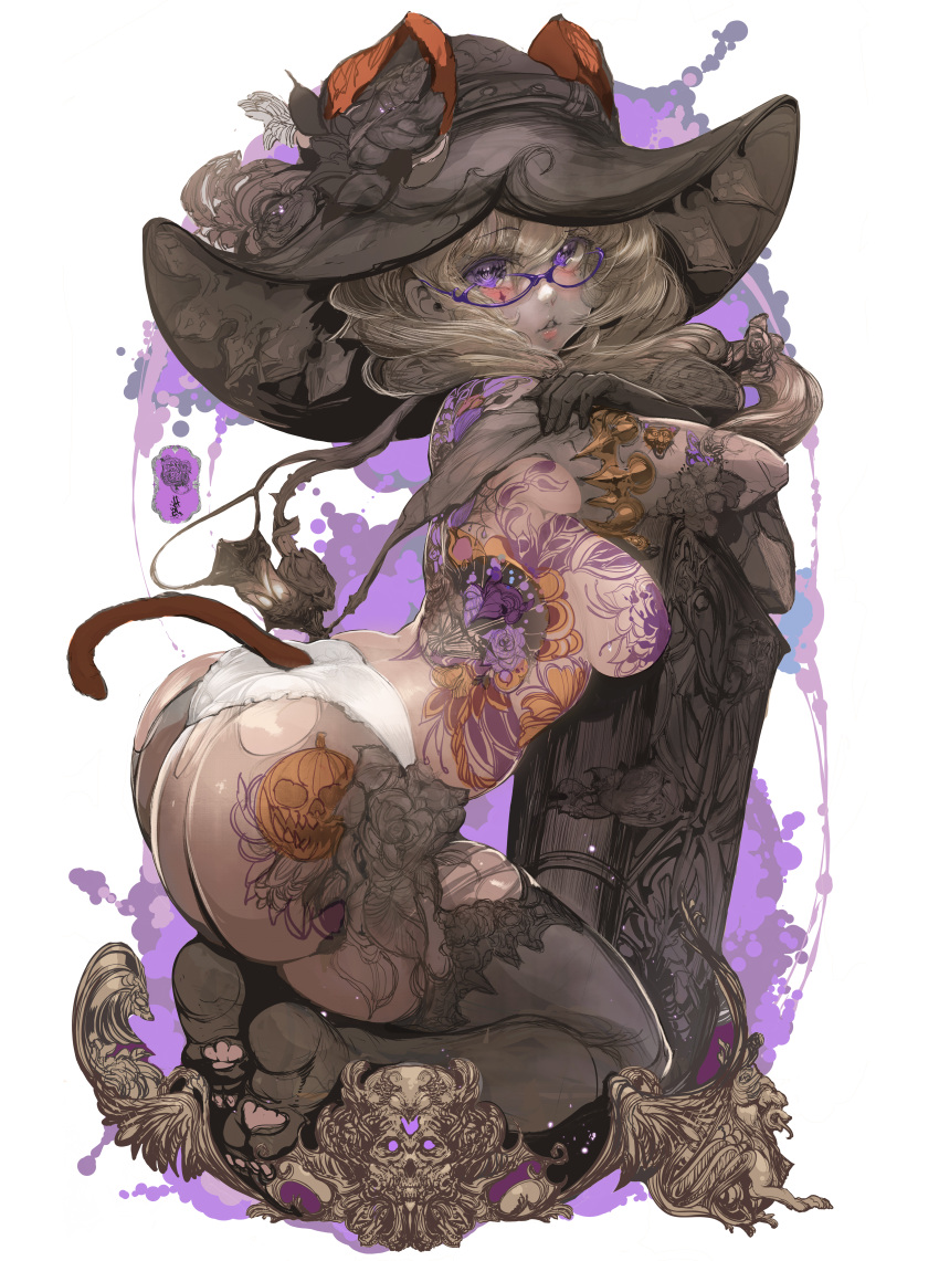 1girl absurdres ass breasts covered_nipples flower full_body glasses gloves hat highres lips original parkjinsuky parted_lips purple_eyes solo splatter_background tail tattoo white_background witch_hat