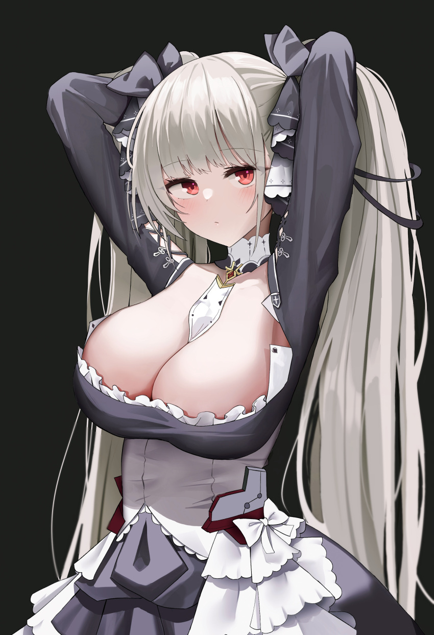 1girl :/ absurdres apron arms_up azur_lane between_breasts black_dress blush bow breasts choker cleavage commentary dress english_commentary formidable_(azur_lane) frilled_apron frilled_dress frills gothic_lolita grey_hair highres holding holding_hair large_breasts lolita_fashion long_hair long_sleeves low_neckline necktie necktie_between_breasts red_eyes sidelocks simple_background solo straight_hair twintails two-tone_ribbon very_long_hair waist_apron white_apron white_bow yuchae