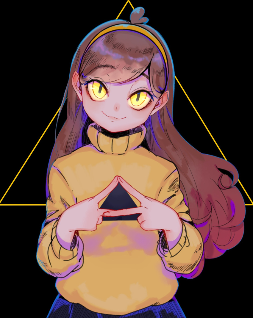 1girl :3 bangs bill_cipher black_background blue_skirt brown_hair closed_mouth eyelashes glowing glowing_eyes gravity_falls hairband hand_gesture hands_up highres long_hair long_sleeves looking_at_viewer mabel_pines own_hands_together skirt smile solo sweater swept_bangs tamaki_(tamaki599) triangle triangle_print turtleneck upper_body yellow_eyes yellow_sweater