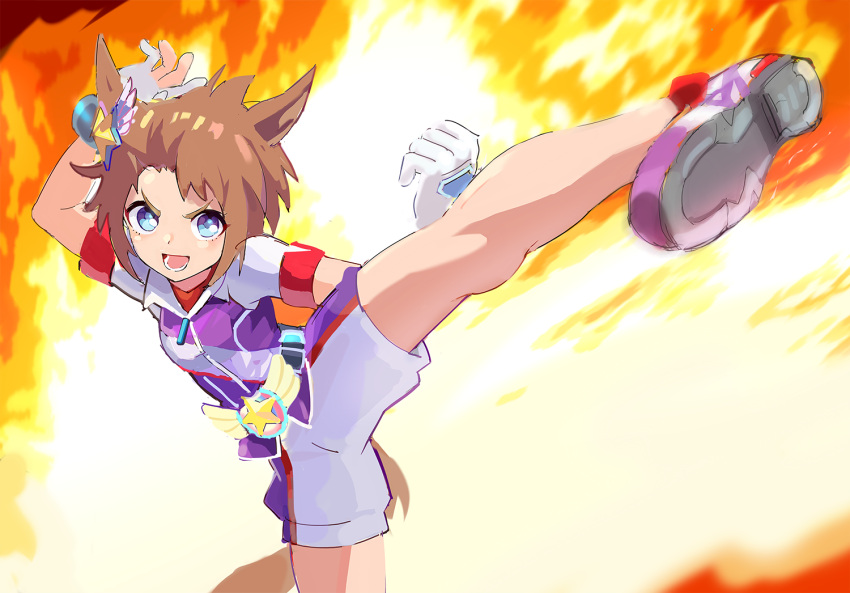 1girl animal_ears arm_up belt biko_pegasus_(umamusume) blue_eyes breasts brown_hair fire gloves horse_ears horse_girl horse_tail jacket kicking okken open_mouth shoes short_hair short_sleeves shorts small_breasts smile sneakers solo standing standing_on_one_leg tail umamusume v-shaped_eyebrows white_footwear white_gloves white_shorts