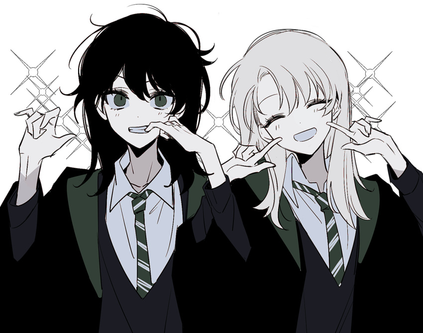 2girls ^_^ albus_severus_potter black_coat black_hair black_sweater closed_eyes coat collared_shirt facing_viewer finger_in_own_mouth fingers_to_cheek genderswap genderswap_(mtf) green_eyes green_necktie grey_hair grin hands_up harry_potter_(series) harry_potter_and_the_cursed_child head_tilt hogwarts_school_uniform kuimovi locked_arms long_hair long_sleeves looking_at_viewer medium_hair messy_hair multiple_girls necktie school_uniform scorpius_malfoy shirt side-by-side slytherin smile sparkle striped_necktie sweater white_shirt