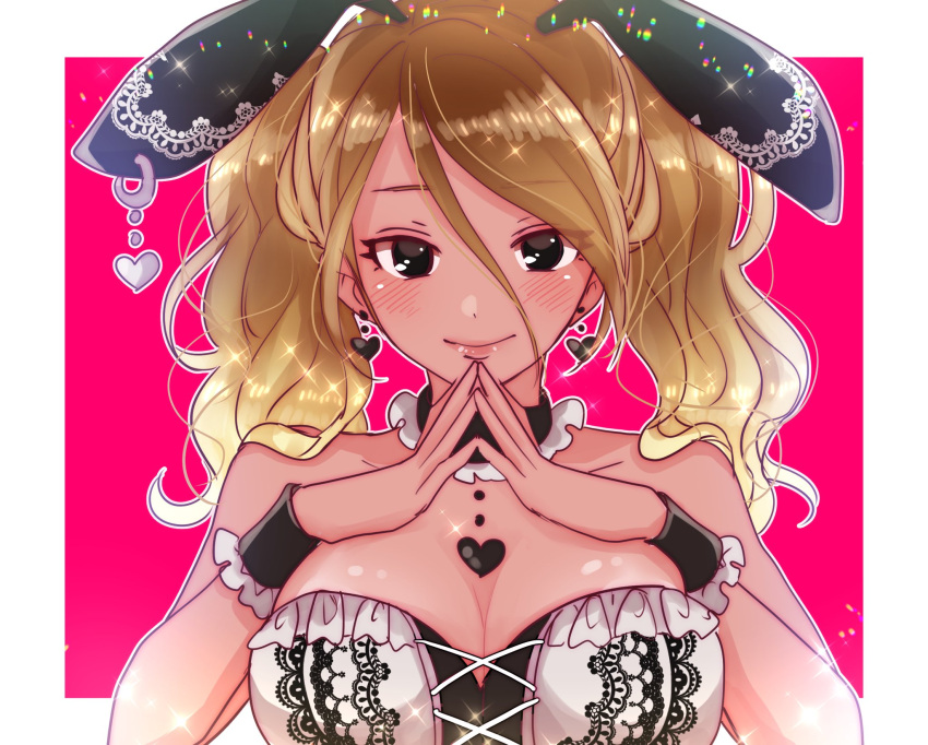 1girl animal_ears blonde_hair blush breasts brown_hair cleavage collarbone cross-laced_clothes earrings gradient_hair hair_between_eyes hanasaki_rine heart heart_earrings highres idolmaster idolmaster_shiny_colors izumi_mei jewelry large_breasts looking_at_viewer multicolored_hair own_hands_together parted_lips rabbit_ears simple_background smile solo twintails two-tone_background upper_body wrist_cuffs