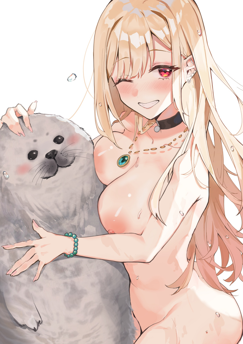 1girl absurdres blonde_hair breasts collarbone fang_qiao highres jewelry kitagawa_marin long_hair looking_at_viewer necklace nipples non-web_source nude one_eye_closed seal_(animal) smile sono_bisque_doll_wa_koi_wo_suru