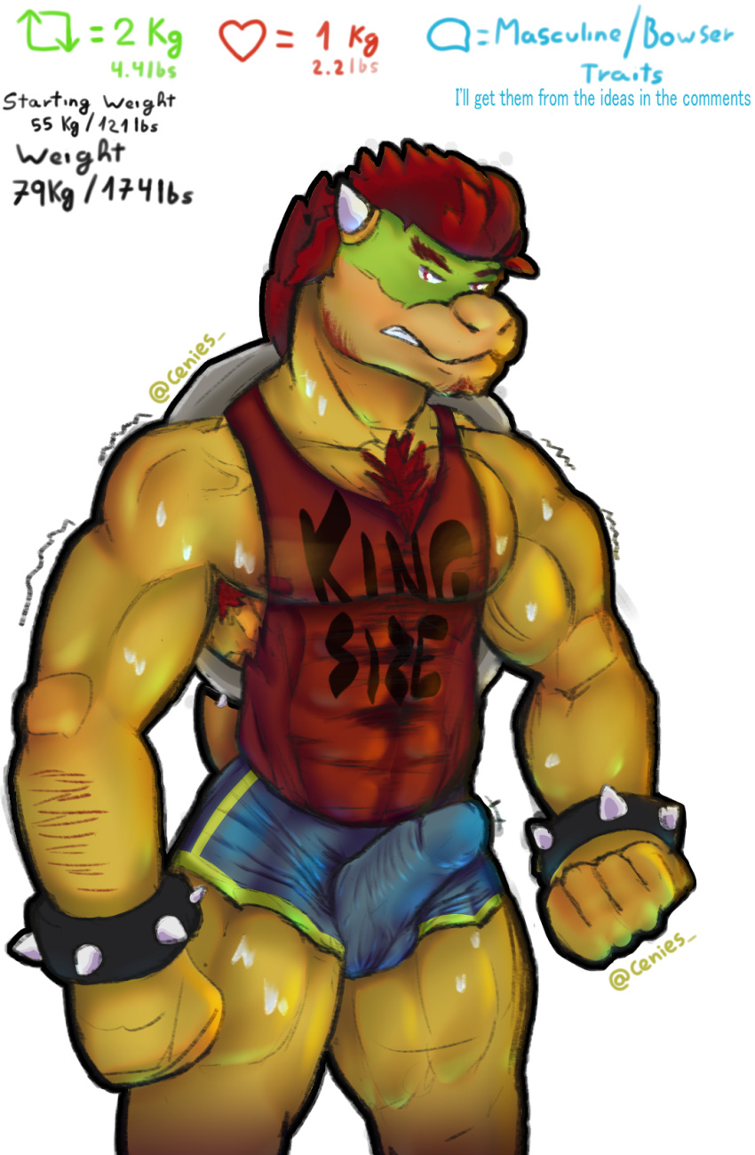 abs animal_humanoid anthro armpit_hair bodily_fluids body_hair bottomwear bowser bowser_day cenies chest_hair clothed clothing english_text erection erection_under_bottomwear erection_under_clothing facial_hair growing growth_drive growth_sequence hairy hi_res humanoid jock koopa koopa_humanoid koopa_troopa male mario_bros muscle_groups nintendo reptile scalie scalie_humanoid shorts sleveless_hoodie sleveless_shirt solo sweat sweatdrop text transformation translucent translucent_clothing turtle veiny_muscles video_games