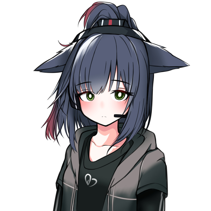 1girl absurdres animal_ears arknights black_shirt blue_hair cat_ears cat_girl geulaendeuseupeullo green_eyes grey_jacket headset highres hood hood_down hooded_jacket implied_extra_ears jacket jessica_(arknights) long_sleeves looking_at_viewer multicolored_hair open_clothes open_jacket ponytail red_hair shirt simple_background solo streaked_hair upper_body white_background