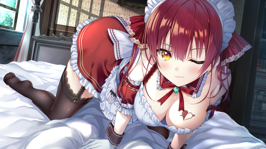 1girl all_fours alternate_costume apron bangs bare_shoulders bed bed_sheet bedroom black_thighhighs blush breasts cleavage day detached_sleeves dress dutch_angle enmaided frilled_apron frilled_dress frills garter_straps gloves hair_between_eyes hair_ribbon hanekoto heart heart_tattoo highres hololive houshou_marine indoors lace-trimmed_legwear lace_trim large_breasts long_hair looking_at_viewer maid maid_headdress no_bra no_shoes on_bed one_eye_closed puffy_short_sleeves puffy_sleeves red_dress red_hair red_ribbon ribbon short_sleeves smile soles solo tattoo thighhighs twintails virtual_youtuber white_apron white_gloves window wrist_cuffs yellow_eyes