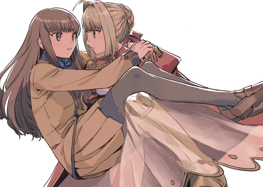 2girls ahoge arms_around_neck black_pantyhose blonde_hair braid brown_eyes brown_footwear brown_hair brown_shirt brown_skirt carrying commentary_request fate/extra fate_(series) french_braid green_eyes hair_intakes hair_ribbon highres kishinami_hakuno_(female) long_hair multiple_girls nero_claudius_(fate) nero_claudius_(fate/extra) noko_morokoshi pantyhose pleated_skirt princess_carry red_ribbon ribbon shirt skirt tsukumihara_academy_uniform_(fate/extra)