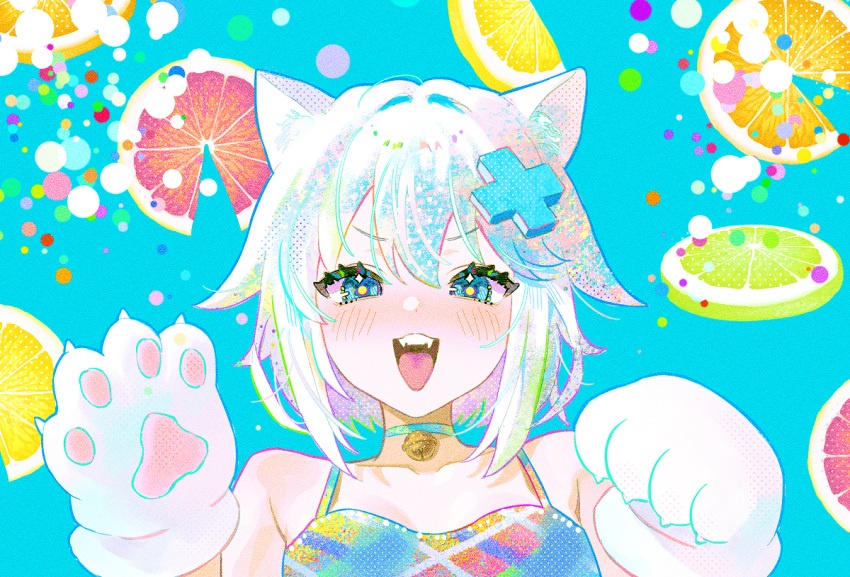 1girl :d animal_ear_fluff animal_ears animal_hands bangs bare_shoulders bell blue_background blue_choker blue_eyes blush cat_ears choker claws collarbone commentary_request cross_hair_ornament dress eyelashes fangs food fruit fymrie gloves gosegu grapefruit grapefruit_slice hair_between_eyes hair_ornament hands_up jingle_bell lemon lemon_slice lime_(fruit) lime_slice looking_at_viewer neck_bell open_mouth orange_(fruit) orange_slice paw_gloves short_hair sidelocks sleeveless sleeveless_dress smile solo spaghetti_strap teeth tongue upper_body upper_teeth v-shaped_eyebrows virtual_youtuber waktaverse white_hair