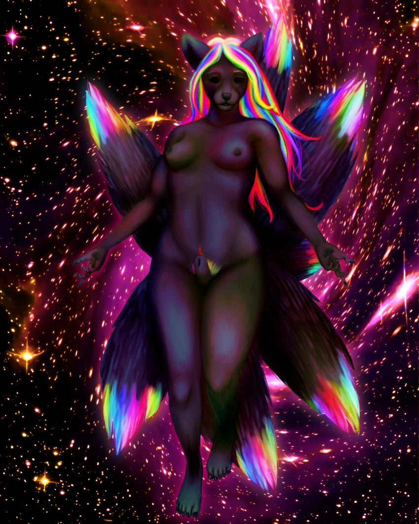 animal_genitalia anthro ayeaka black_body black_fur black_nails black_nipples black_penis black_pussy black_sclera canid canine colored_nails cosmic_background floating fox fur genitals glowing glowing_body glowing_fur gynomorph hair hi_res intersex iridescent_fur mammal multi_tail multicolored_hair nails nipples penis pussy rainbow_hair rainbow_pubes rainbow_tail_tip sackless sheath solo space space_background vixx