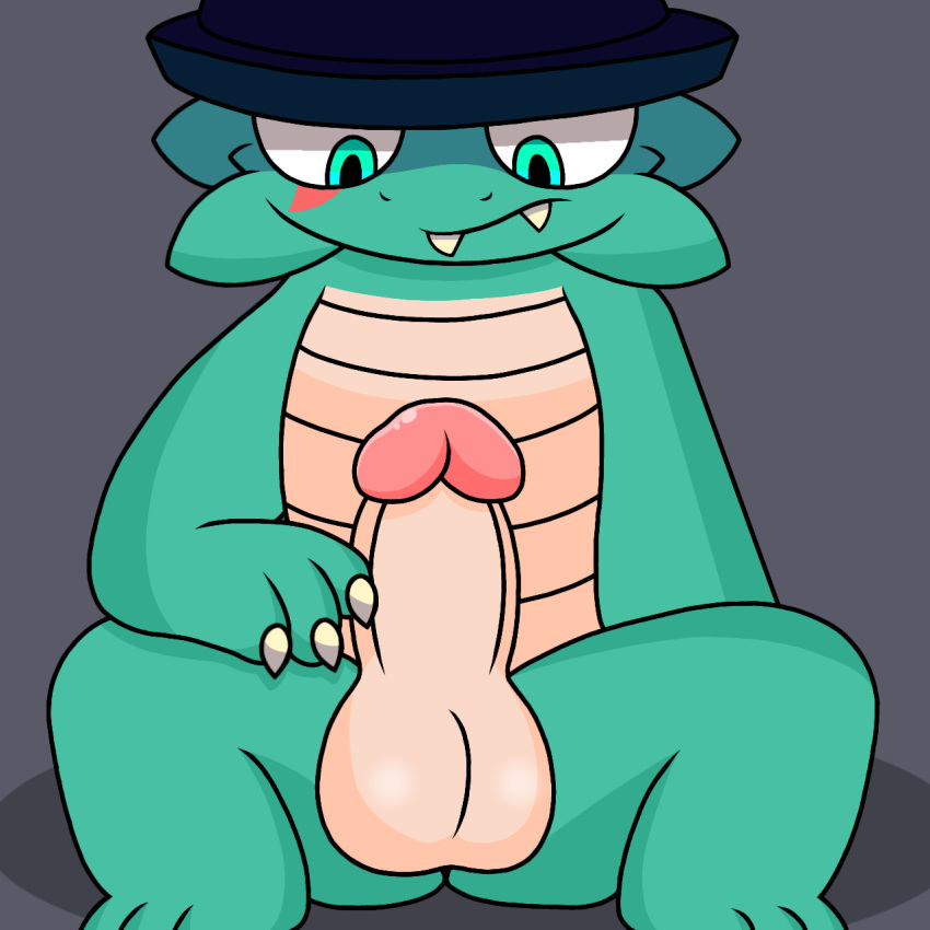 anthro balls claws clothing digital_media_(artwork) friday_night_funkin' genitals hat headgear headwear hi_res lizard looking_at_genitalia looking_at_penis lyncario male mammal nude otos_(popcorn_mod) penis penis_focus reptile scalie simple_background solo