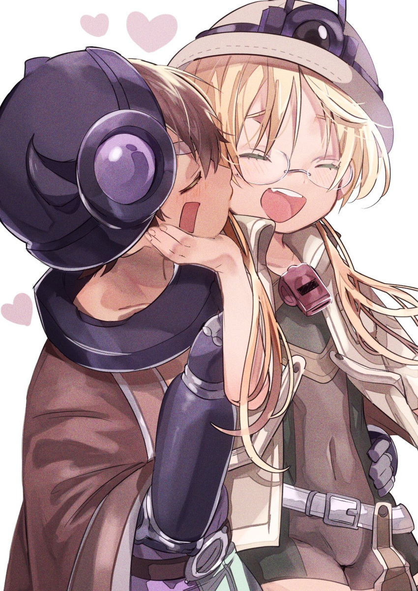 1boy 1girl bangs blonde_hair bodysuit brown_hair child child_on_child closed_eyes commentary_request cyborg dark-skinned_male dark_skin facial_mark female_child glasses hand_on_another's_cheek hand_on_another's_face hand_on_another's_waist heart helmet hetero highres kiss kissing_cheek long_hair made_in_abyss male_child mechanical_arms nanase_(7se_1015) navel open_mouth regu_(made_in_abyss) riko_(made_in_abyss) simple_background teeth twintails upper_teeth whistle white_background