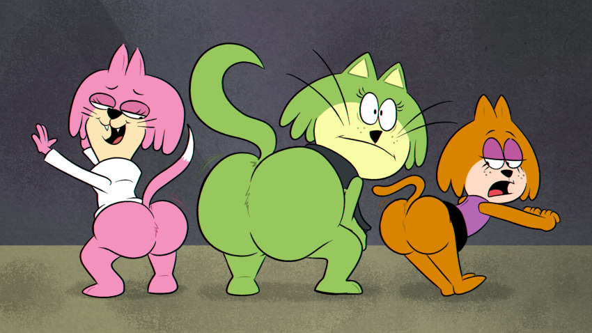 16:9 2021 anthro big_butt black_bottomwear black_clothing black_scarf black_skirt bottomless bottomwear brain_(top_cat) butt butt_size_difference choo-choo_(top_cat) clothed clothing crossgender domestic_cat felid feline felis female fur green_body green_fur group hanna-barbera hi_res jellystone_(hbo_max) mammal mostly_nude on_model orange_body orange_fur overweight overweight_female pink_body pink_fur purple_clothing purple_shirt purple_topwear rear_view scarf scarf_only scobionicle99 shirt skirt spook_(top_cat) top_cat_(series) topwear trio twerking widescreen