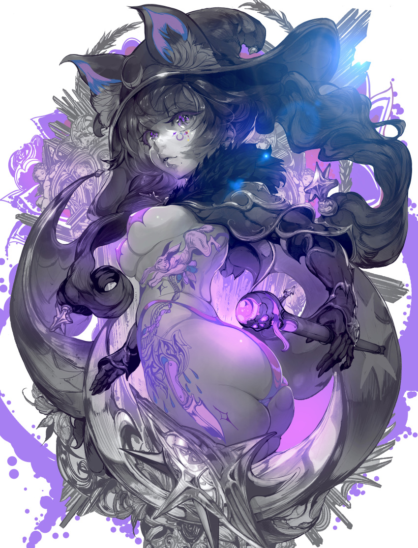 1girl absurdres animal_ear_fluff animal_ears ass breasts covered_nipples genshin_impact hat highres knife lips long_hair looking_at_viewer mona_(genshin_impact) parkjinsuky parted_lips pasties solo staff tattoo very_long_hair white_background witch_hat
