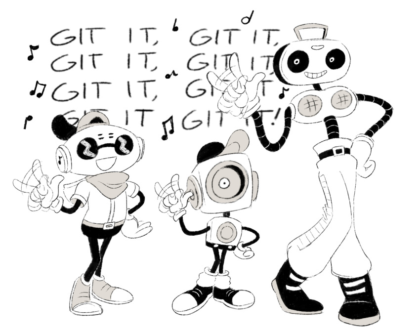 ambiguous_gender baseball_cap clothing eyewear footwear group hat headgear headwear hellspawnmotel machine male music musical_note pose robot shoes singing smile speaker speaker_ears sunglasses sweet_cap'n_cakes_(deltarune) trio wagging_finger