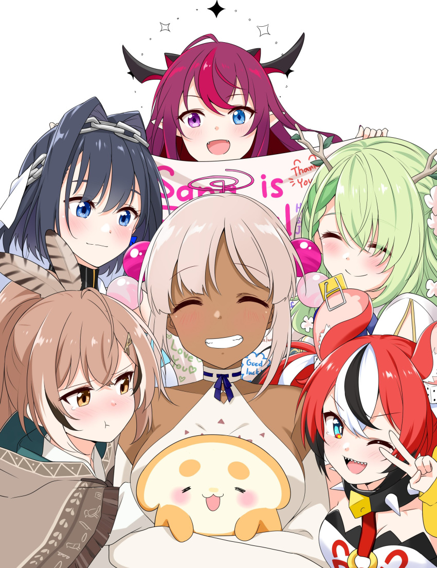 6+girls absurdres ahoge animal_ears antlers bangs banner bare_shoulders black_collar black_hair blonde_hair blue_eyes blue_hair blush bow bow_earrings braid braided_bangs branch brown_capelet brown_cloak brown_eyes brown_hair capelet ceres_fauna cloak closed_eyes collar crop_top dark-skinned_female dark_skin earrings elbow_gloves english_text feather_hair_ornament feathers felutiahime gloves green_hair grin hair_intakes hair_ornament hairclip hakos_baelz halter_top halterneck head_chain heterochromia hieroglyphics highres holocouncil hololive hololive_english horns irys_(hololive) jewelry long_hair looking_at_viewer mouse_ears mouse_girl multicolored_hair multiple_girls nanashi_mumei off-shoulder_shirt off_shoulder one_eye_closed ouro_kronii pinstripe_pattern planet_hair_ornament ponytail pout purple_eyes purple_hair red_hair sanallite_(tsukumo_sana) shirt short_hair smile spiked_collar spikes streaked_hair striped tsukumo_sana turtleneck twintails v veil very_long_hair virtual_youtuber white_gloves white_hair white_shirt zipper