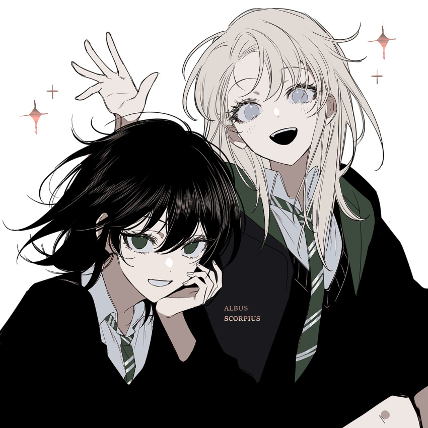 2girls :d albus_severus_potter black_coat black_hair black_sweater blonde_hair blue_eyes character_name coat collared_shirt genderswap genderswap_(mtf) green_eyes green_necktie hand_up harry_potter_(series) harry_potter_and_the_cursed_child highres hogwarts_school_uniform kuimovi long_hair long_sleeves multiple_girls necktie open_mouth school_uniform scorpius_malfoy shirt short_hair simple_background slytherin smile sparkle striped_necktie sweater waving white_background white_shirt