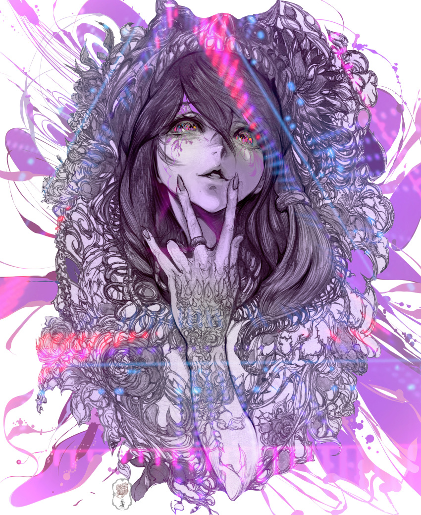 absurdres artist_logo fingers_to_cheeks flower highres jewelry kamishiro_rize looking_at_viewer parkjinsuky parted_lips purple_hair ring tattoo tokyo_ghoul white_background