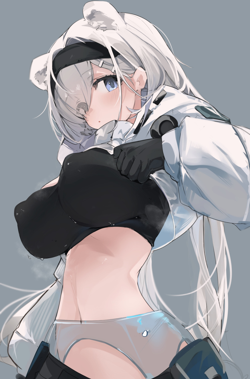 1girl :o animal_ears arknights aurora_(arknights) bear_ears black_gloves black_hairband black_shirt blue_eyes blush breasts clothes_lift commentary covered_nipples cowboy_shot crop_top cropped_jacket eyebrows_hidden_by_hair eyes_visible_through_hair gloves grey_background grey_hair hair_between_eyes hair_intakes hair_ornament hair_over_one_eye hairband hairclip highres jacket jacket_lift large_breasts lifted_by_self long_hair looking_at_viewer mikozin navel parted_lips see-through shirt simple_background solo standing steaming_body stomach sweat white_jacket