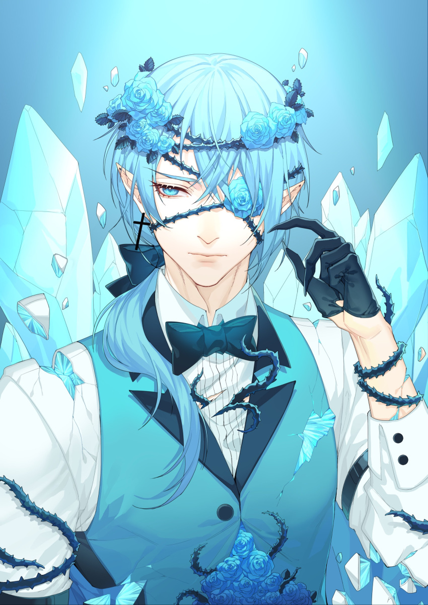 1boy absurdres bill_cipher black_bow black_bowtie black_gloves blue_background blue_eyes blue_flower blue_gemstone blue_hair blue_rose blue_theme blue_vest bow bowtie collared_shirt cracked_skin cross cross_earrings crystal damaged earrings eyelashes fingernails flower flower_over_eye gem gloves gravity_falls hair_bow hair_flower hair_ornament hair_over_shoulder half_gloves hand_up head_wreath highres houseki_no_kuni ice jewelry lapels long_hair looking_away male_focus one_eye_covered parody personification pointy_ears reverse_pines rjun1431 rose shards sharp_fingernails shirt single_earring solo tentacles tentacles_under_clothes thorns torn_clothes torn_shirt traditional_bowtie upper_body vest white_shirt will_cipher