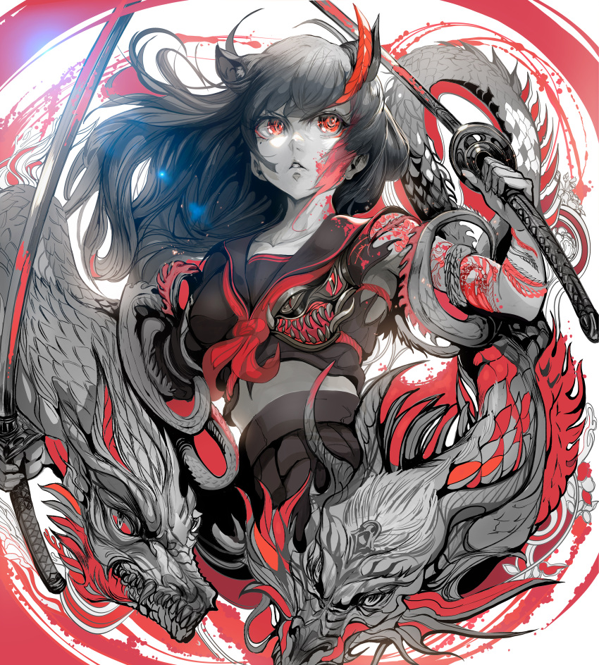 1girl absurdres animal_ear_fluff animal_ears clenched_teeth dragon eastern_dragon highres kill_la_kill kiryuuin_satsuki long_hair parkjinsuky parted_lips red_background red_eyes senketsu solo tattoo teeth upper_body white_background