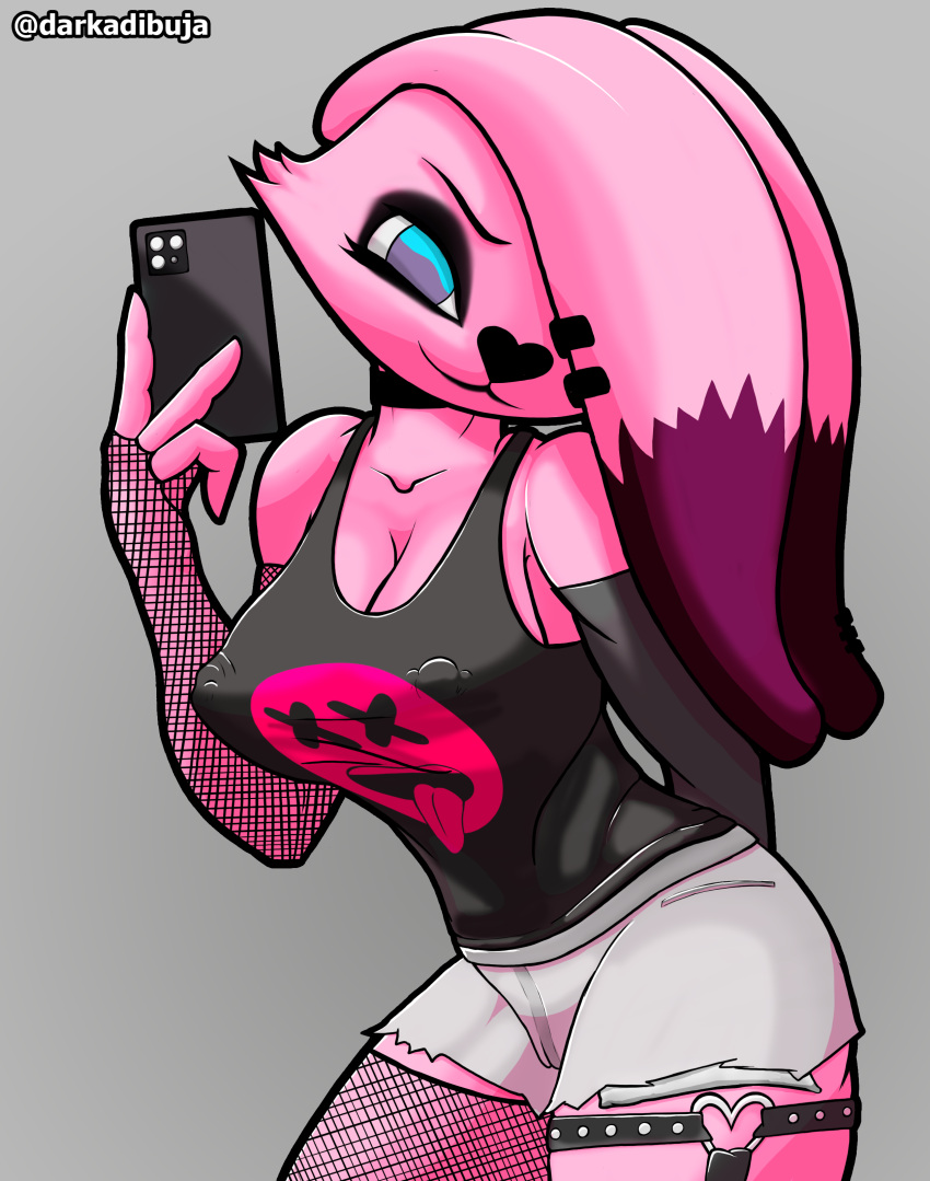 &lt;3 absurd_res anthro big_breasts big_ears breasts clothing darkadibuja female fishnet fishnet_legwear fur goth heart_nose hi_res lagomorph legwear leporid mammal pink_body pink_fur rabbit rebecca_(disambiguation) selfie solo