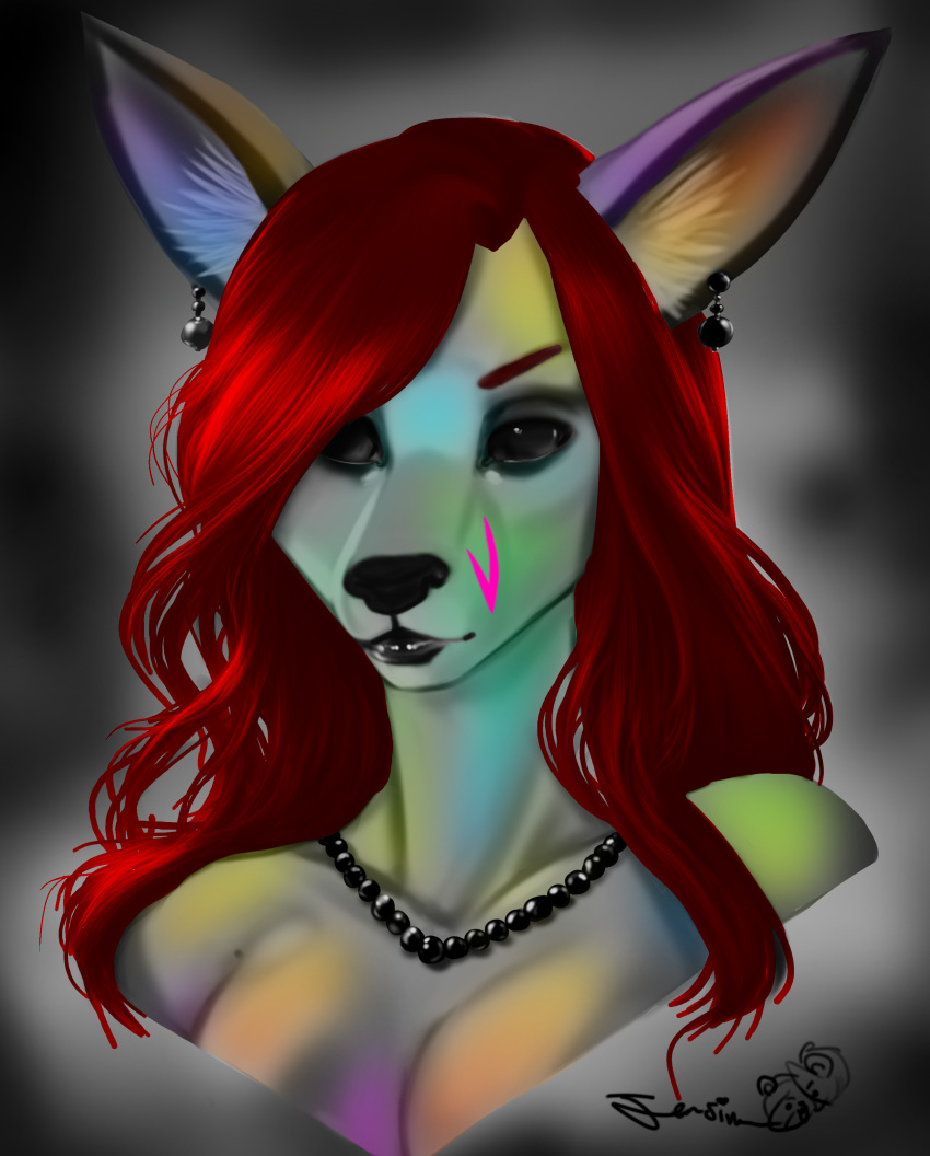 absurd_res ambiguous_gender black_lips black_nose black_sclera bust_portrait canid canine chanrom eyebrows fox fur gem grey_body grey_fur hair hi_res iridescent_fur jewelry lips long_hair mammal necklace pearl_(gem) pearl_earring pearl_necklace portrait red_eyebrows red_hair solo vixx