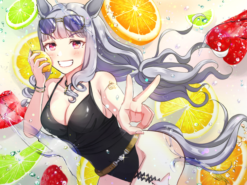 1girl animal_ears arm_tattoo bangs bare_shoulders belt black_swimsuit blunt_bangs blush bracelet breasts casual_one-piece_swimsuit cleavage collarbone covered_navel eyewear_on_head food fruit glint gold_ship_(run_revolt_launcher)_(umamusume) gold_ship_(umamusume) grey_hair grin hand_up highres horse_ears horse_girl horse_tail jewelry leaning_forward lemon lemon_slice lime_(fruit) lime_slice long_hair looking_at_viewer low_tied_hair medium_breasts mochitsuki_wataame necklace one-piece_swimsuit pink_eyes reaching_out smile solo strawberry sunglasses swimsuit tail tattoo teeth thigh_strap umamusume v water_drop