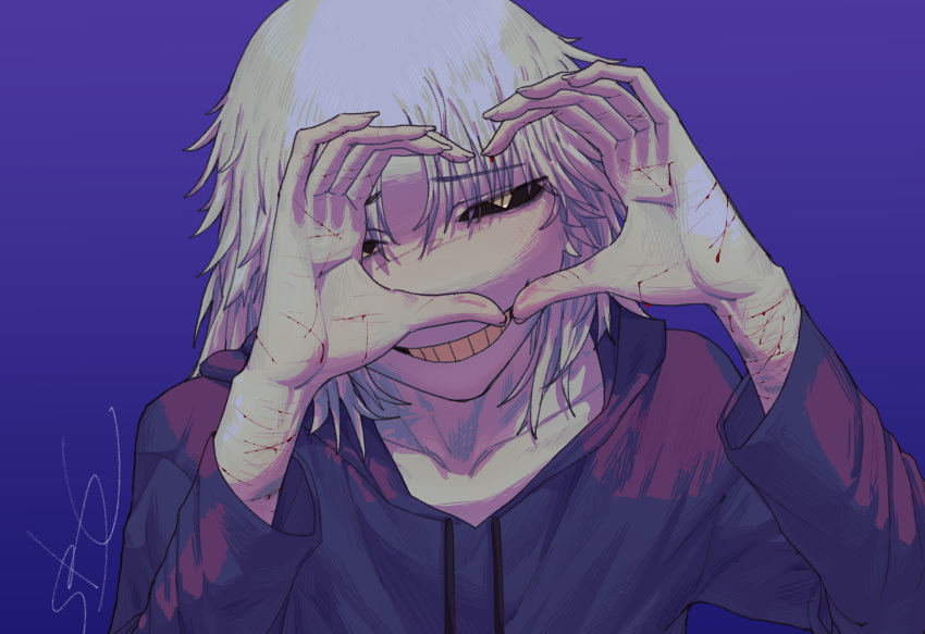 1boy black_eyes black_sclera bleeding blood blood_on_arm blood_on_hands blue_background collarbone colored_sclera eyes_visible_through_hair fingernails grey_hair heart heart_hands heterochromia highres hood hood_down hoodie long_fingernails long_hair male_focus original parted_lips self_harm signature simple_background smallbcarly smile solo upper_body yellow_eyes yellow_sclera yellow_teeth