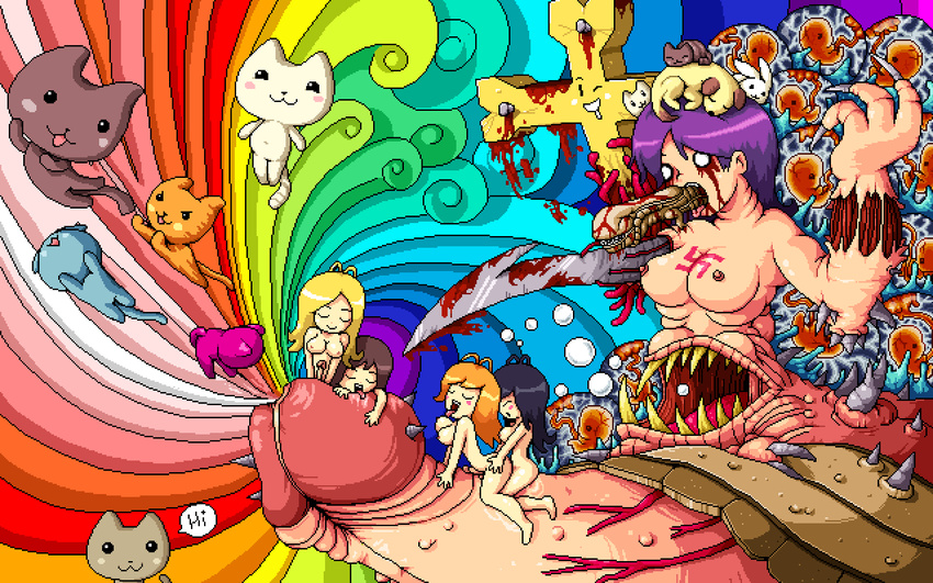 :3 alien alien_(movie) blood breasts bunny cat colorful copyright_request cross dog fangs fetus futanari guro large_breasts multiple_girls nipples paul_robertson penis pixel_art purple_hair rainbow sex surreal swastika too_many too_many_cats wallpaper what xenomorph