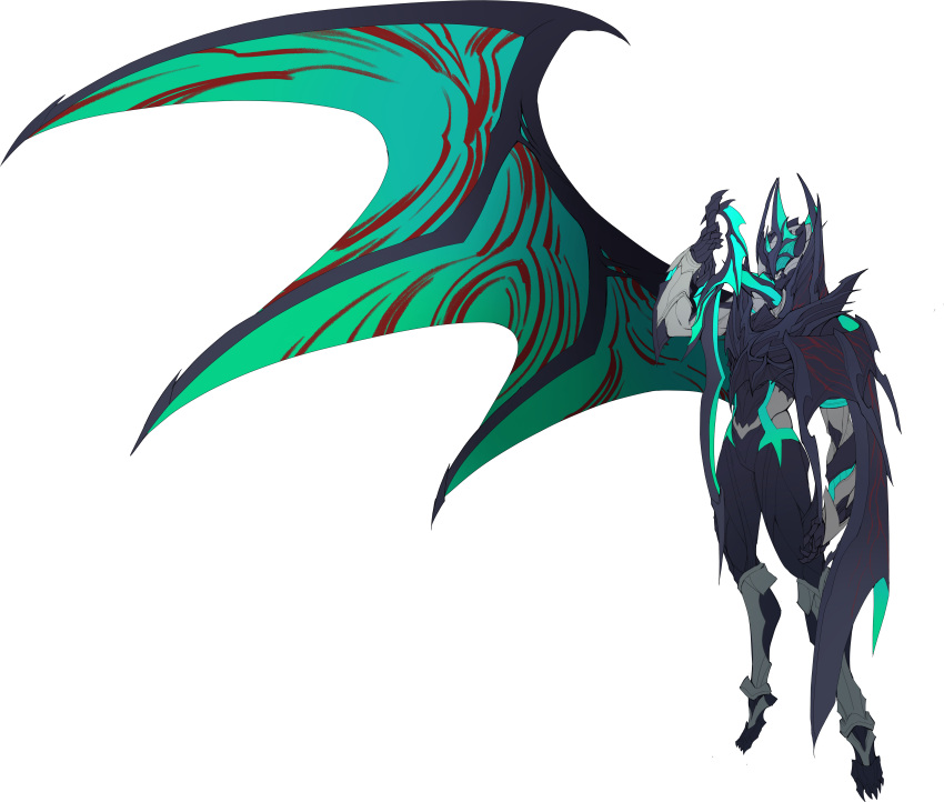 1boy absurdres aqua_eyes armor asymmetrical_armor bat_(animal) bat_genome bat_wings black_armor black_cape black_wings cape capelet catball1994 claw_pose clawed_boots clawed_gauntlets demon demon_boy demon_wings elbow_spikes evil fake_horns helmet high_collar highres horned_helmet horns kamen_rider kamen_rider_evil kamen_rider_revice looking_at_viewer male_focus open_hands sheath sheathed single_horn spiked_armor spiked_helmet splatter stylistic sword thigh_strap walking weapon white_background wings