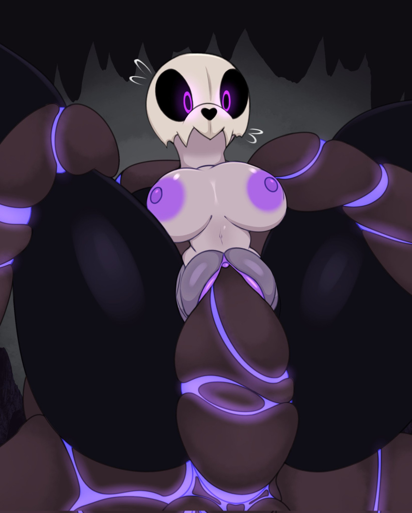 ambiguous_species anthro areola big_areola big_breasts big_nipples black_background black_body black_sclera bone breasts cave duo eevilish fangs female genitals glowing glowing_eyes grey_background hi_res humanoid leg_grab male male/female navel nipples pale_body penetration penis plump_labia purple_areola purple_eyes purple_nipples purple_pussy pussy sex simple_background skull skull_head vaginal vaginal_penetration