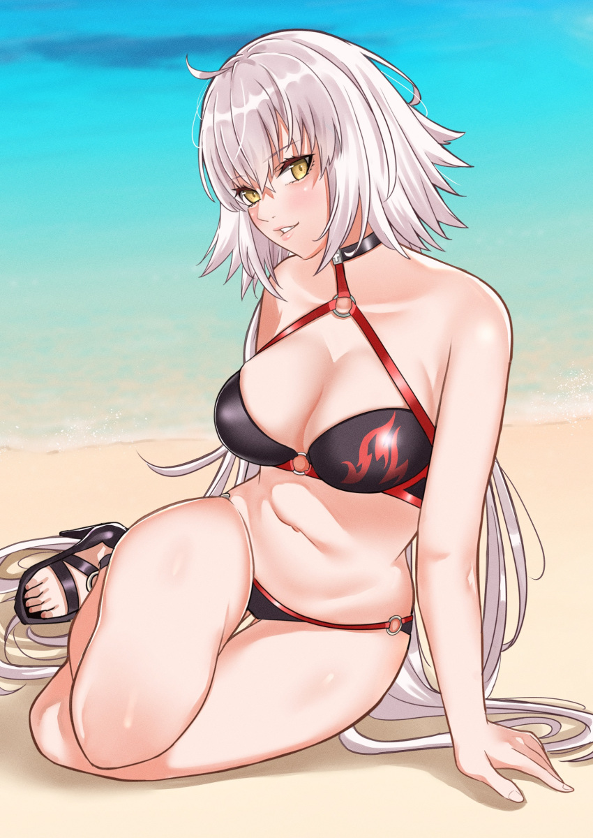 1girl absurdres ahoge arm_support bangs bikini breasts cleavage crossed_bangs fate/grand_order fate_(series) grey_hair hair_between_eyes high_heels highres jeanne_d'arc_alter_(fate) jeanne_d'arc_alter_(swimsuit_berserker)_(fate) large_breasts light_blush long_hair looking_at_viewer ocean outdoors parted_lips sand sandals smile solo strappy_heels swimsuit thigh_gap thighs toes tomotomow00w very_long_hair water white_hair yellow_eyes