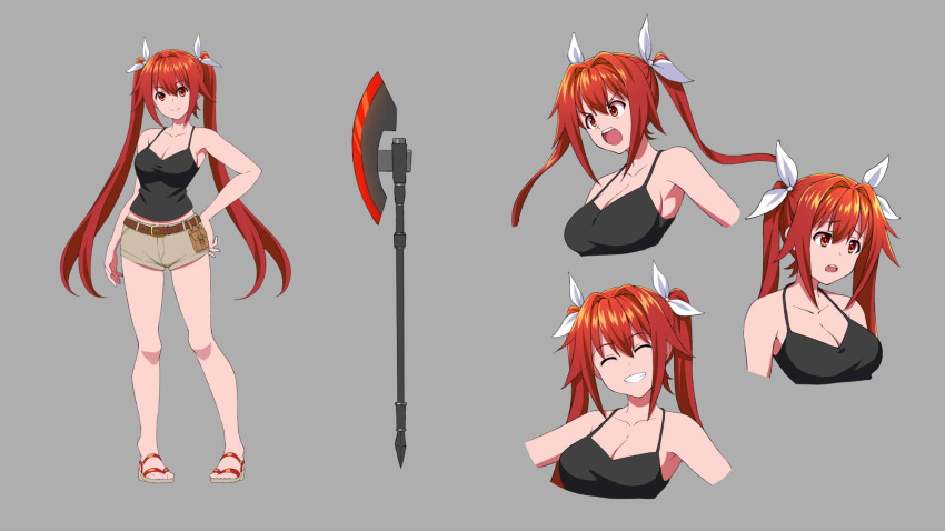 1girl belt black_tank_top breasts brown_belt cleavage closed_eyes collarbone full_body grey_background grey_shorts grin hair_tie halberd highres kuro_oolong large_breasts long_hair looking_at_viewer midriff open_mouth original polearm red_eyes red_hair reference_sheet sandals second-party_source shorts simple_background smile tank_top twintails upper_body very_long_hair weapon