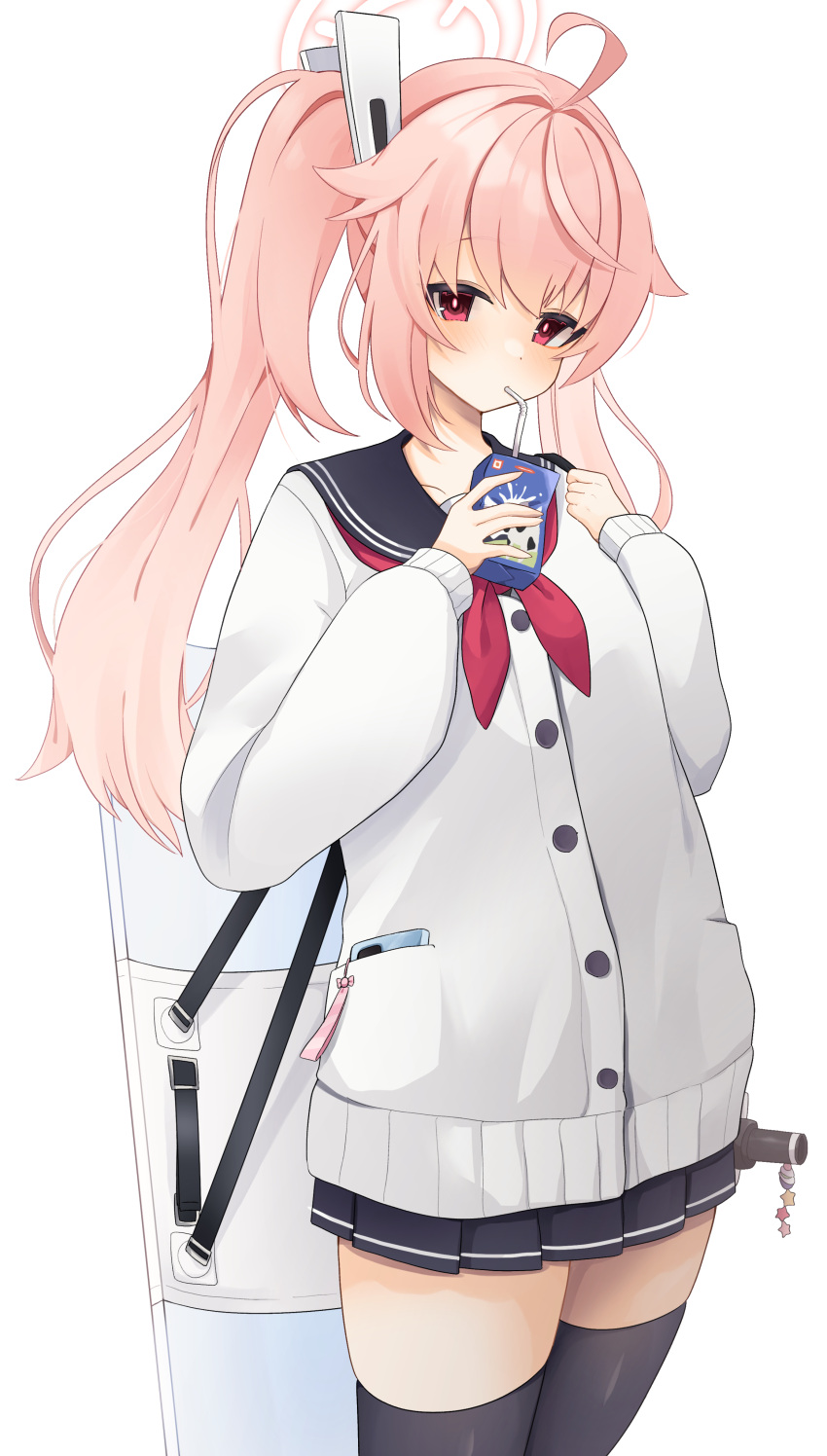 1girl absurdres ahoge black_skirt black_thighhighs blue_archive blush carton cellphone charm_(object) drinking drinking_straw halo highres holding holding_carton long_hair looking_at_viewer milk_carton natsu_(blue_archive) phone pink_hair pink_pupils red_eyes school_uniform sentouryoku_5 serafuku simple_background skindentation skirt solo star_(symbol) thighhighs twintails white_background