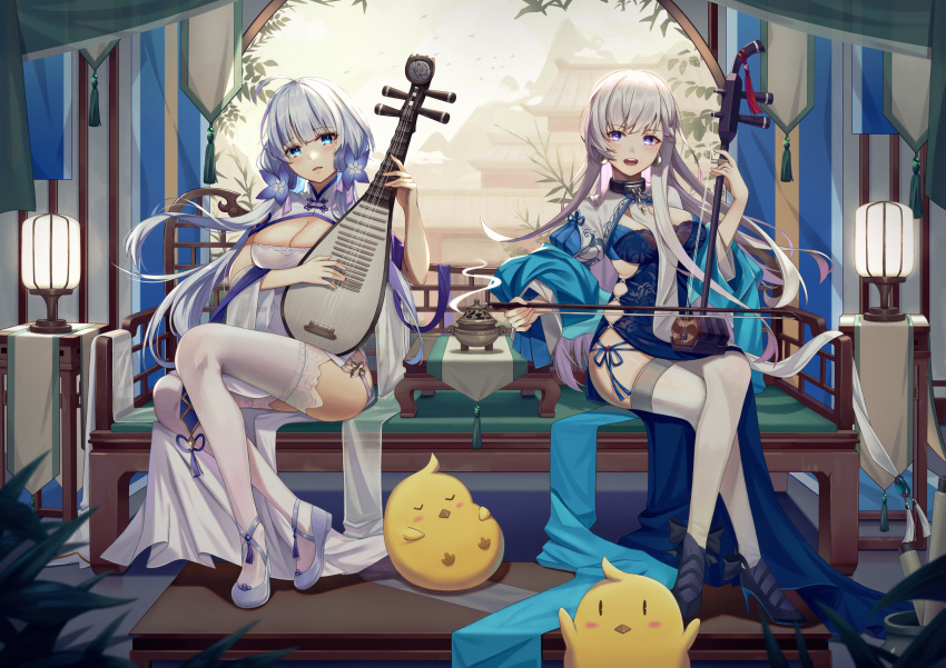 2girls azur_lane belfast_(azur_lane) belfast_(iridescent_rosa)_(azur_lane) breasts calder_(pixiv3698273) china_dress chinese_clothes dress erhu full_body highres illustrious_(azur_lane) illustrious_(maiden_lily's_radiance)_(azur_lane) incense_burner instrument lamp long_hair looking_at_viewer manjuu_(azur_lane) multiple_girls music official_alternate_costume pipa_(instrument) playing_instrument sitting thighhighs