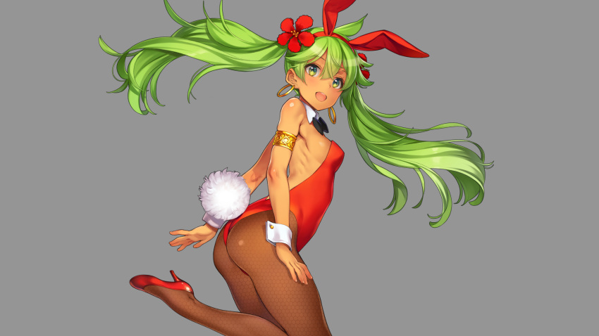 1girl :d absurdres animal_ears armlet ass bangs bare_shoulders black_bow black_bowtie bow bowtie breasts brown_pantyhose detached_collar earrings eiyuu_senki eiyuu_senki_ww fake_animal_ears fake_tail flower from_side green_eyes green_hair grey_background hairband hibiscus highres hoop_earrings jewelry kamehameha_(eiyuu_senki) leg_up leotard long_hair looking_at_viewer looking_to_the_side open_mouth oyari_ashito pantyhose playboy_bunny rabbit_ears rabbit_tail red_flower red_footwear red_hairband red_leotard simple_background skindentation small_breasts smile solo standing standing_on_one_leg strapless strapless_leotard tail twintails very_long_hair wrist_cuffs