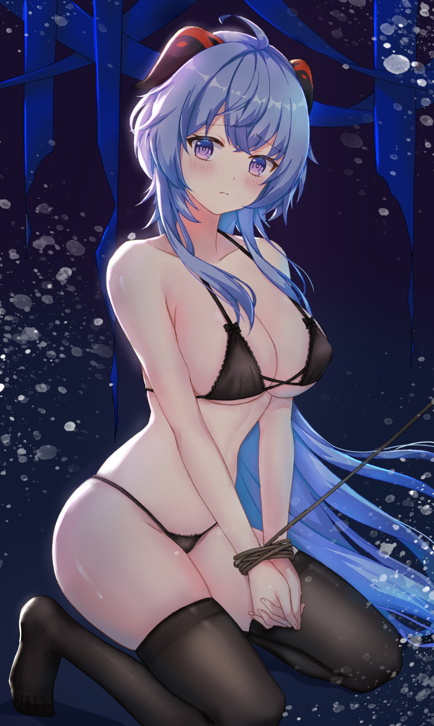 1girl absurdres ahoge alternate_costume bare_arms bare_shoulders bikini black_bikini blue_hair blush bound bound_wrists breasts cleavage closed_mouth ganyu_(genshin_impact) genshin_impact goat_horns gradient_eyes halter_top halterneck highres horns kneeling lace-trimmed_bikini lace_trim large_breasts long_hair looking_at_viewer multicolored_eyes no_shoes purple_eyes raised_eyebrows restrained revision ronnie_z rope sidelocks skindentation solo strap_gap string_bikini swimsuit thighhighs thighs