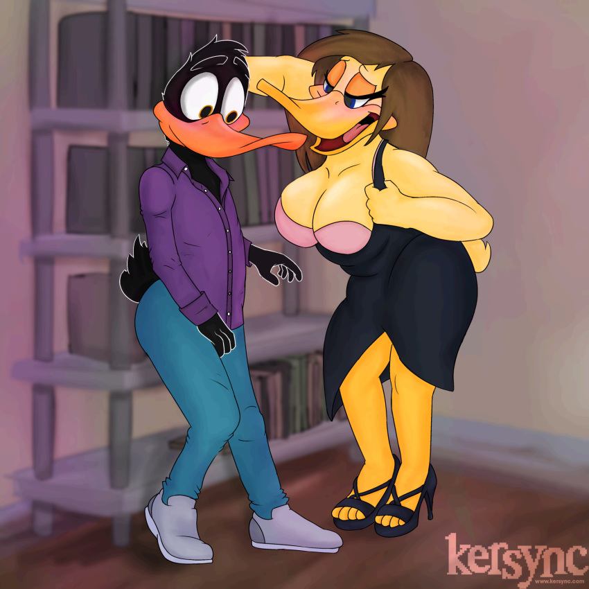 anatid anseriform anthro avian bird bra breasts clothed clothing daffy_duck dress duck duo female flirting hi_res kersync lidded_eyes looney_tunes male male/female partially_clothed presenting presenting_breasts the_looney_tunes_show tina_russo underwear undressing warner_brothers