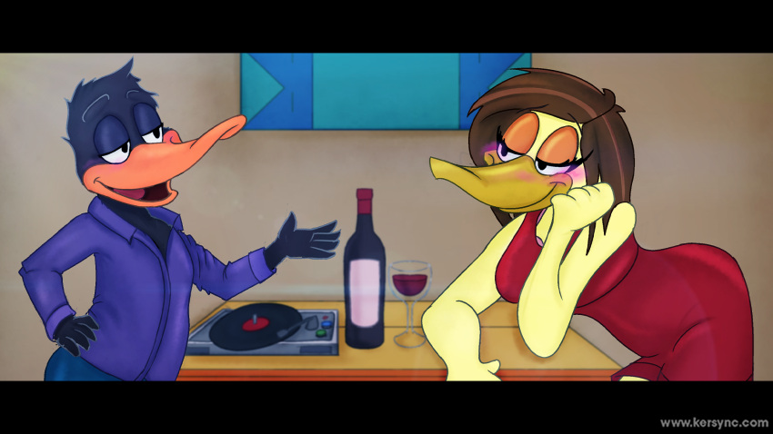 alcohol anatid anseriform anthro avian beverage bird clothed clothing container cup daffy_duck drinking_glass duck duo female fully_clothed glass glass_container glass_cup hi_res kersync looney_tunes male record_player talking_to_another the_looney_tunes_show tina_russo warner_brothers wine wine_bottle wine_glass