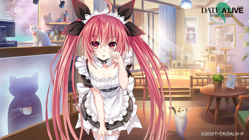 1girl :o ahoge apron cat chair date_a_live date_a_live:_spirit_pledge english_commentary highres indoors itsuka_kotori long_hair looking_at_viewer maid maid_headdress official_art paw_pose red_eyes red_hair solo table twintails white_apron