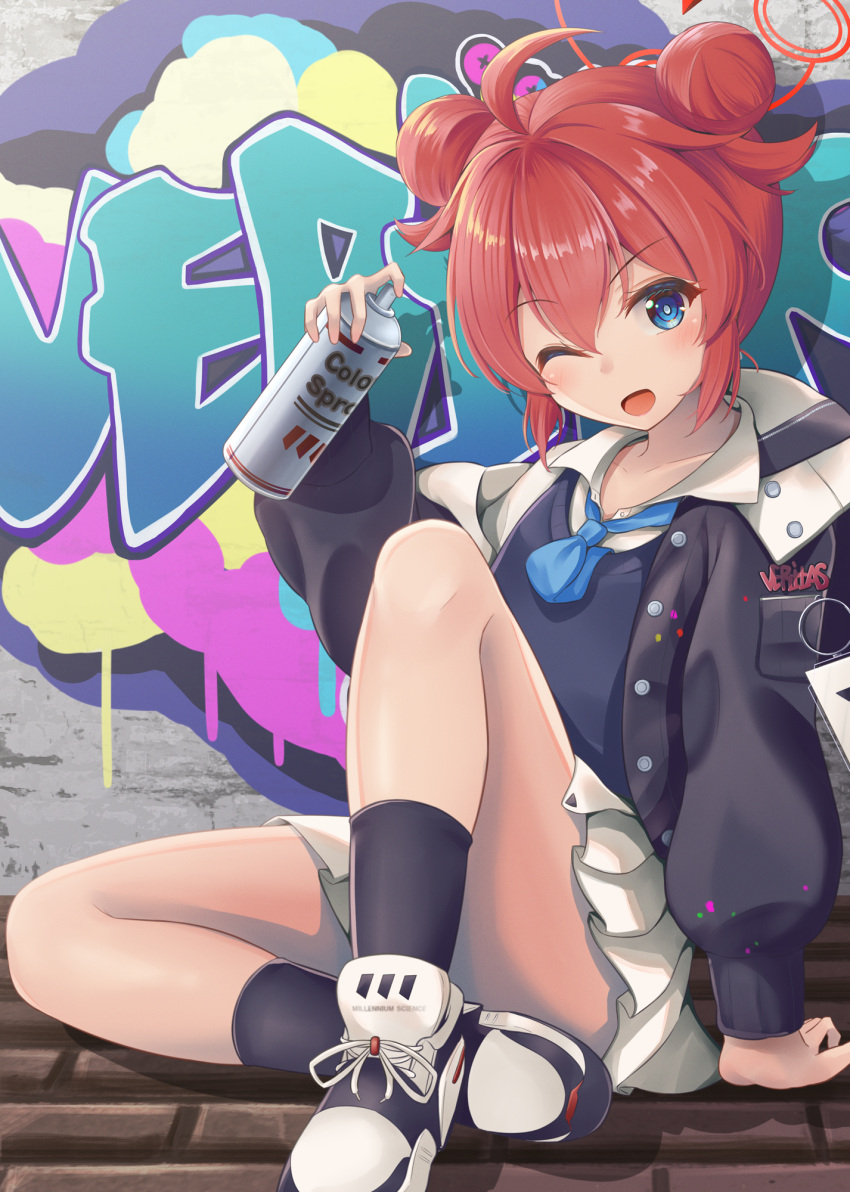 1girl ;d ahoge bangs blue_archive blue_eyes blue_necktie collared_shirt double_bun graffiti hair_bun halo highres holding jacket light_blush long_sleeves looking_at_viewer maki_(blue_archive) minakami_mimimi necktie on_floor one_eye_closed open_mouth paint_on_clothes red_hair shirt shoes short_hair sitting skirt smile sneakers solo spray_can spray_paint