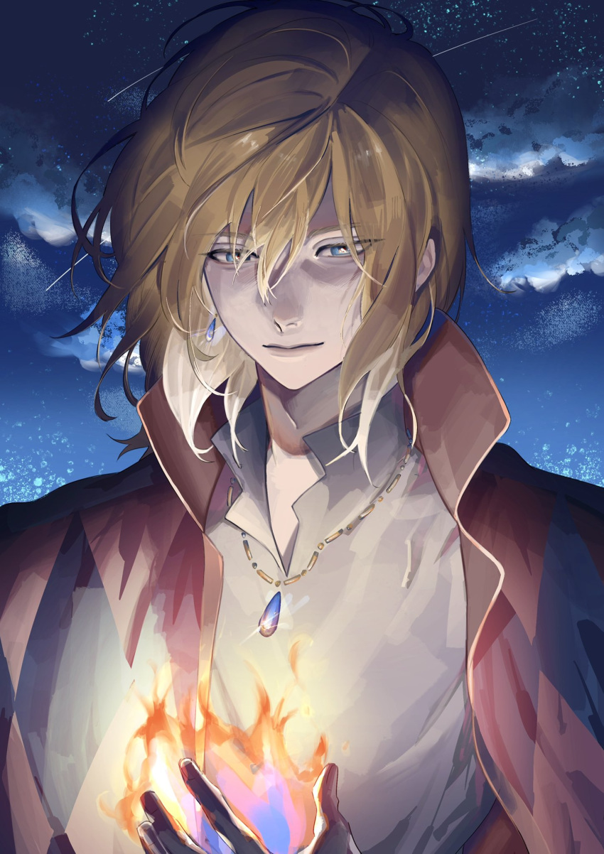 1boy blonde_hair blue_eyes blue_gemstone closed_mouth cloud cloudy_sky earrings eyes_visible_through_hair fire flame gem glint hair_between_eyes highres howl_(howl_no_ugoku_shiro) howl_no_ugoku_shiro jewelry male_focus necklace night night_sky shooting_star single_earring sky solo sriokorr star_(sky) starry_sky upper_body